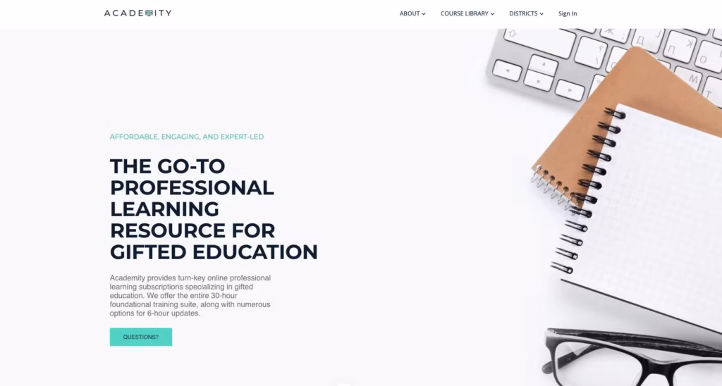 Screenshot of Meredith Austin's online academy. Text reads: The go-to professional learning resource for gifted education.