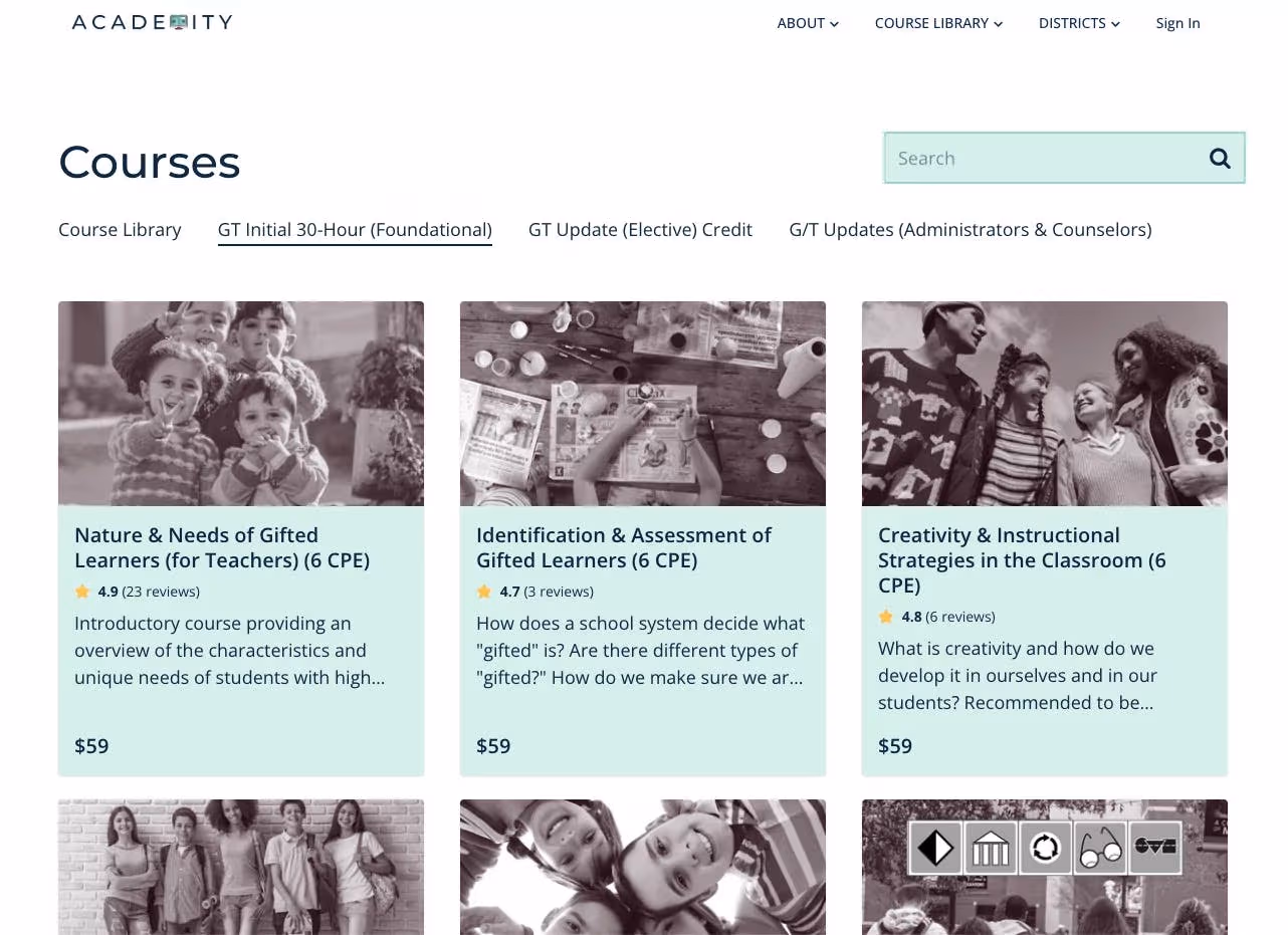 Screenshot from Meredith Austin's Academity showing courses such as 'Nature and needs of gifted learners for teachers'.
