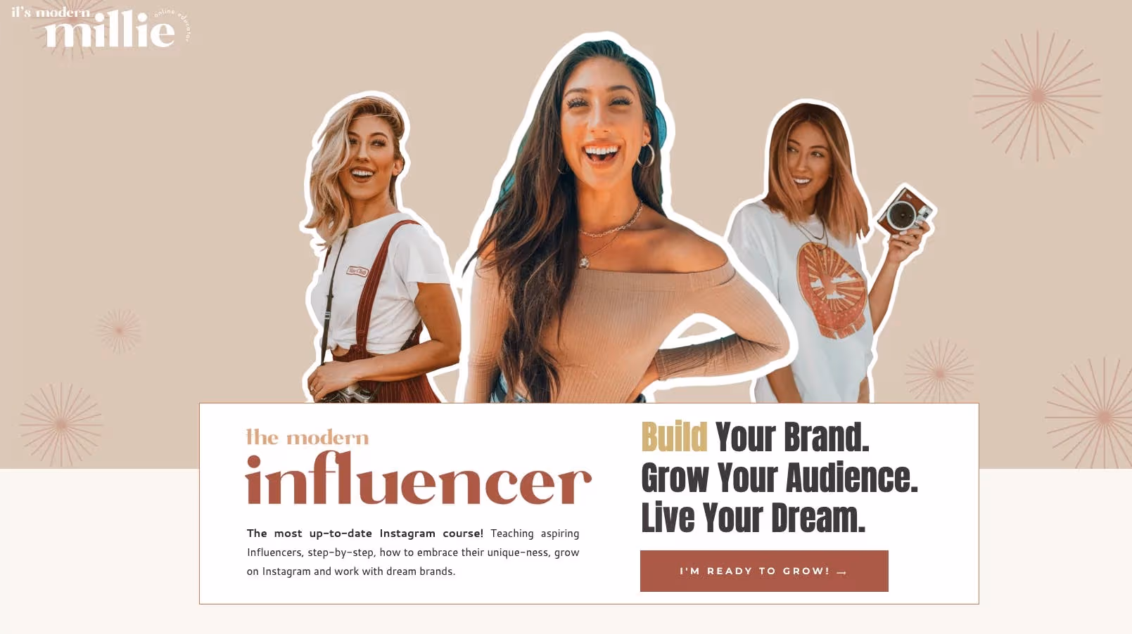 Screenshot from Millie Adrian's online course is shown. Text reads: The modern influencer. Build your brand. Grow your audience. Live your dream.