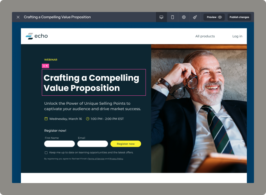 landing page builder screen mockup