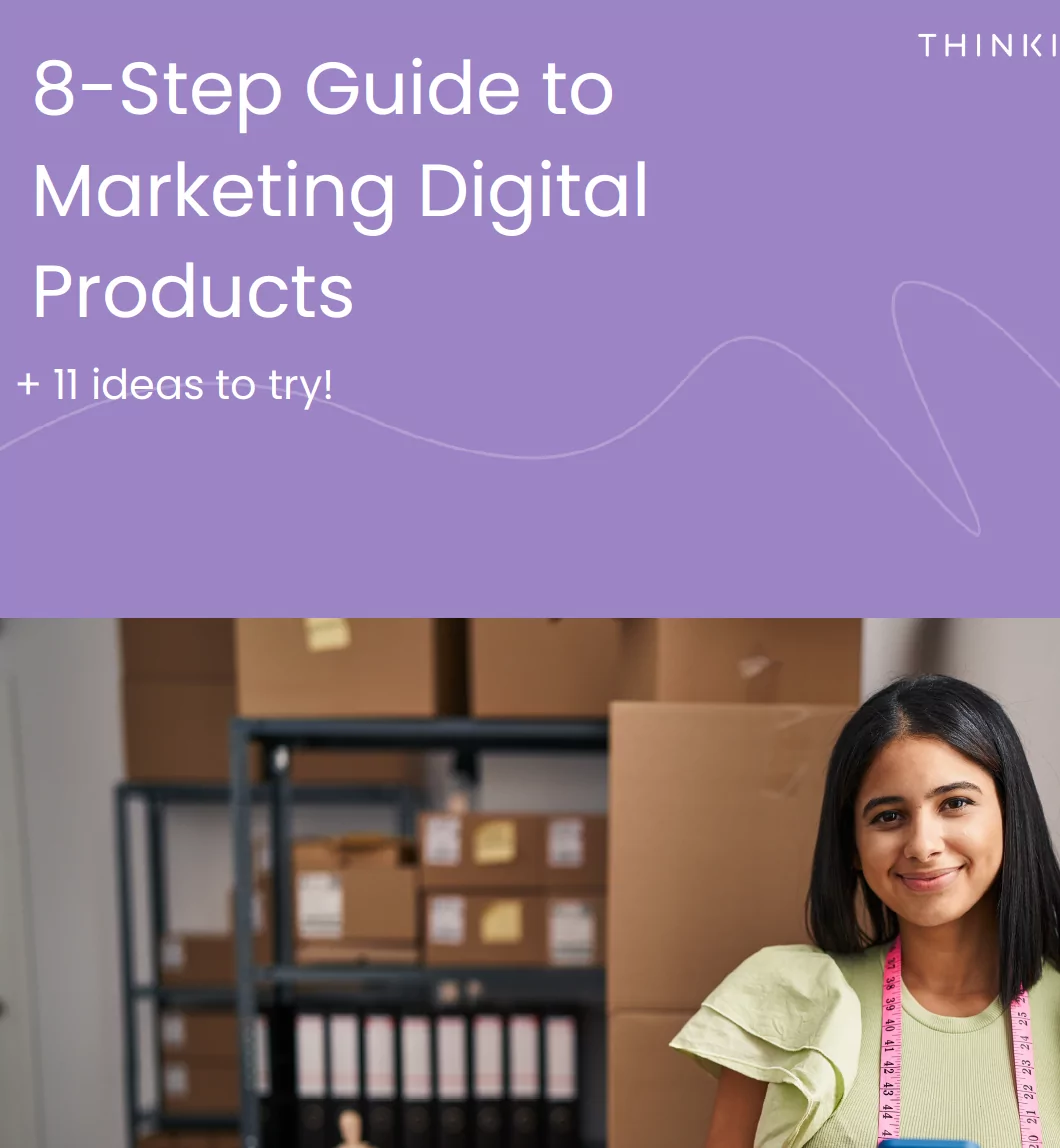 Cover of guide featuring a purple top banner and an image of a smiling woman in a bob underneath. The woman is wearing a green shirt and hot pink beaded necklace. Title reads: 8-Step Guide to Marketing Digital Products + 11 ideas to try!